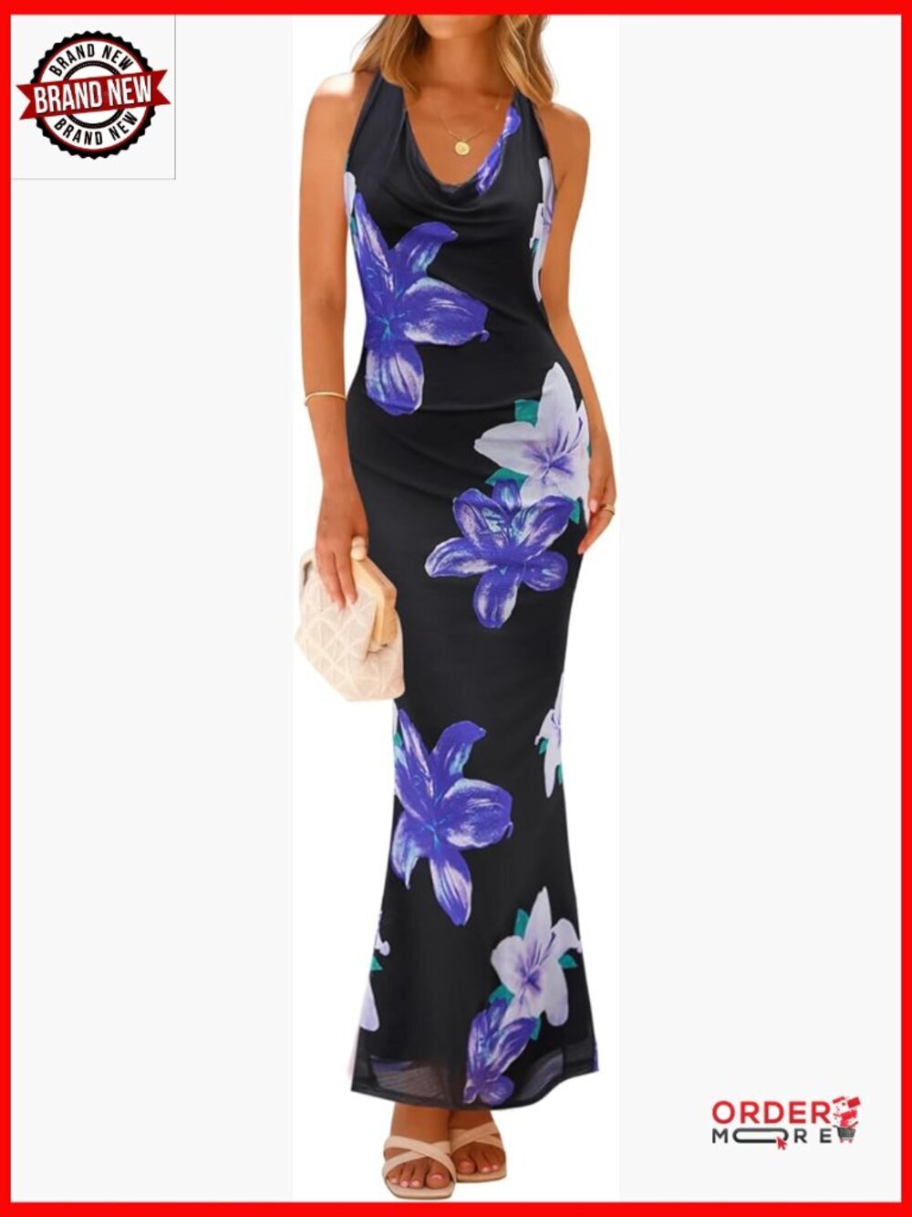 Halter Neck Floral Print Maxi Dress Sleeveless Backless Bodycon Wedding Guest
